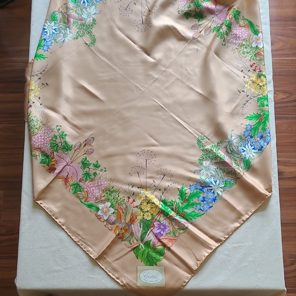 Gucci Peach Silk Scarf with Multicolor Floral Border